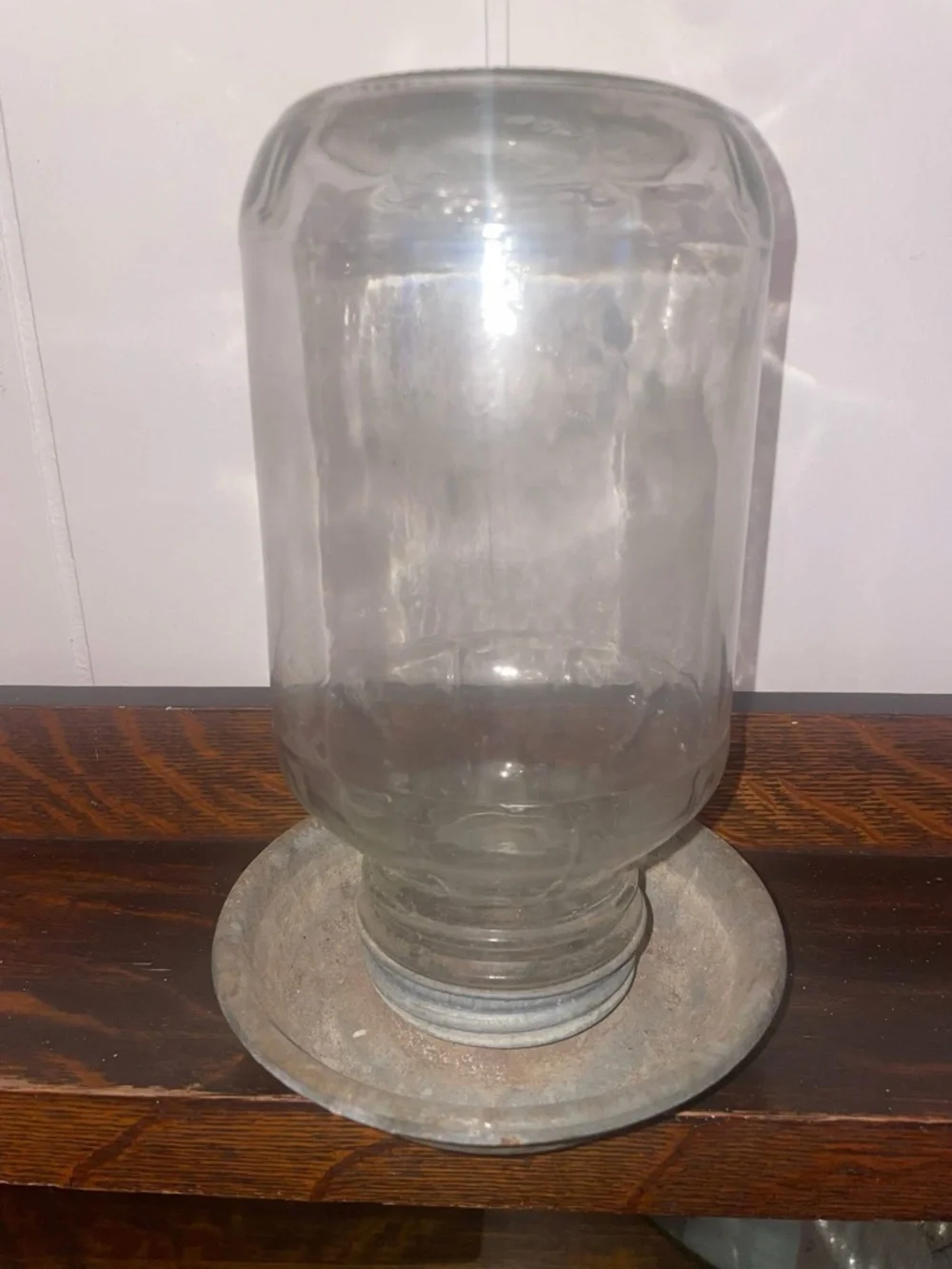 Vintage Chicken Waterer Clear Glass Jar with Rustic Metal Base